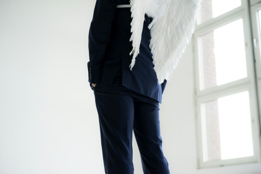 Businessman wearing suit and angel's wings, rear view