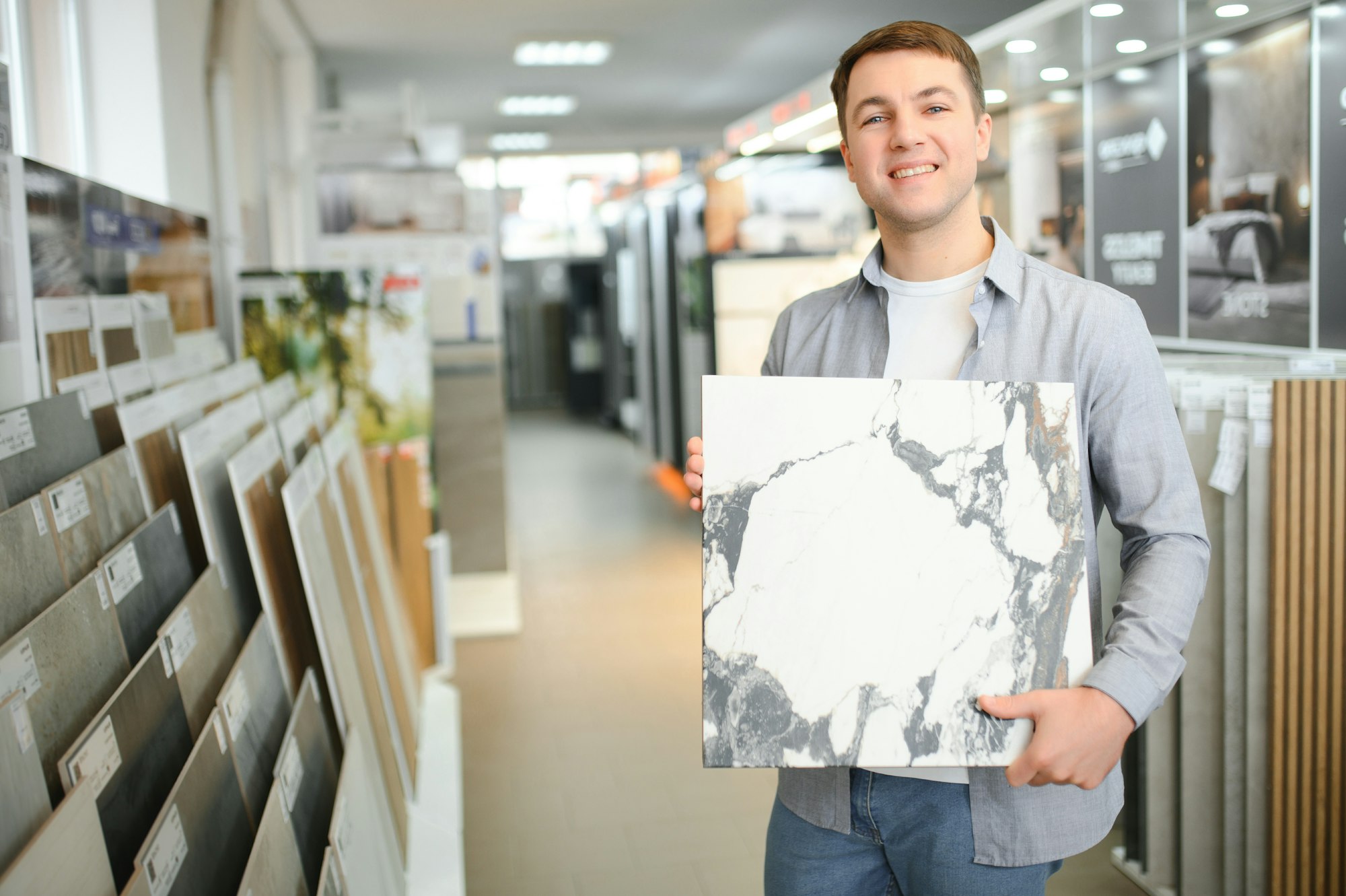 Male architect or interior designer choosing ceramic texture sample from swatch board